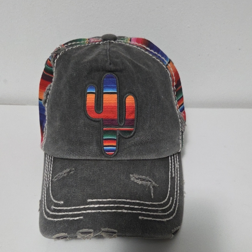 Gray Distressed Cap with Cactus Design